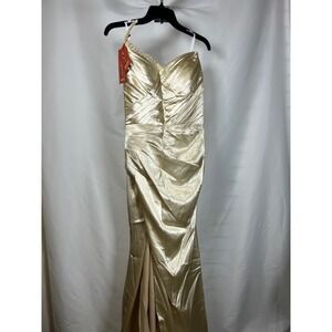 Champagne Gold Satin One Shoulder Prom Dress Pearl Trim Corset Back Formal Gown